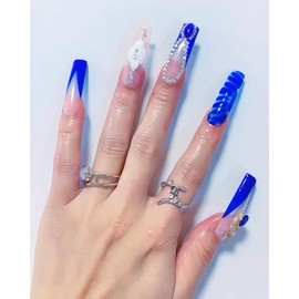CAMILCY Press on Nails Handmade Nails Luxury Reusable Fake Nails For Girls Extra Long Coffin Armor Blue Diamonds Hand Painted Salon Loveful Design Acrylic Gel UV Finished 3D Nails 10PCS (B22, S)