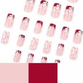 Cute Medium Short Square Press on Nails 24Pcs False Fake Nails Simple with Nude Red White Flowers Design French Tip Full Cover Thick Glossy Acrylic Glue on Nails Stick on Nails for Women JP3745