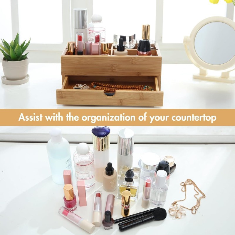 GOBAM Bamboo Makeup Organizer and Storage with Drawer, Wooden Cosmetic