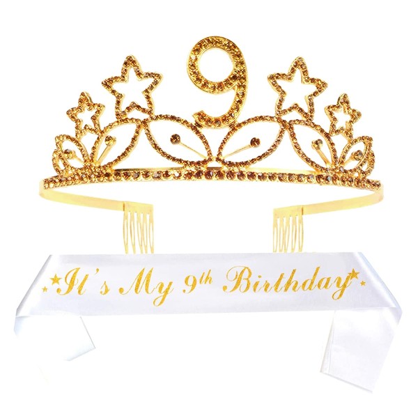 MEANT2TOBE 9th Birthday Sash and Tiara for Girls - Fabulous Glitter Sash + Stars Rhinestone Gold Premium Metal Tiara for Girls, 9th Birthday Gifts for Princess Party