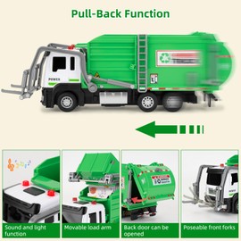 LOVEPOSELY Garbage Truck Toys for Kids, Pull Back Plastic Green Car with Sounds and Lights, Educational Trash Truck Toy Vehicle with 4 Garbage Bins and Learning Cards for Kids