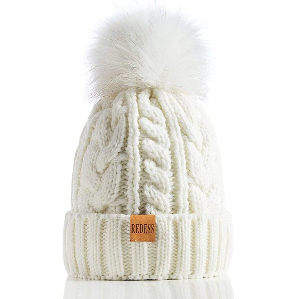 REDESS Women's Winter Bobble Beanie Hat with Warm Fleece Lining, Thick Slouchy Snow Knit Skull Ski Cap, 1#white