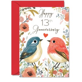 13th Anniversary Card for Women Men - Love Birds - Happy Wedding Anniversary Cards for Wife Husband Girlfriend Boyfriend, 5x7 Inch Floral Bird Greeting Cards
