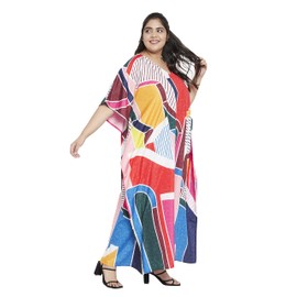 Oussum Long Caftan for Women Plus Size Beach Cover Up Casual Kaftan Maxi Gown Dress Loungewear House Dresses for Summer, Multicolor Abstract Pattern, One Size Plus