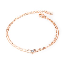 Women's Stainless Steel Anklet, Cubic Zirconia, Double Chain, Rose Gold, Silver, Adjustable, 8.3 + 1.8 inches (21 + 4.5 cm), Hypoallergenic Metal, Stylish, Accessory, Gift, Birthday, Christmas,