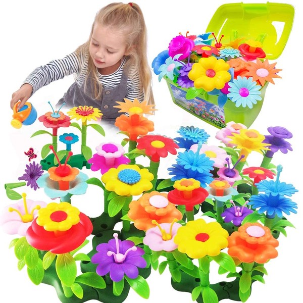 Scientoy Flower Garden Building Toys, Girl Toys Build a Garden, 130 PCS Flower Pretend Gardening Gift for Kids, Floral Arrangement Playset for Age 3-7 Year Old Child Educational Activity