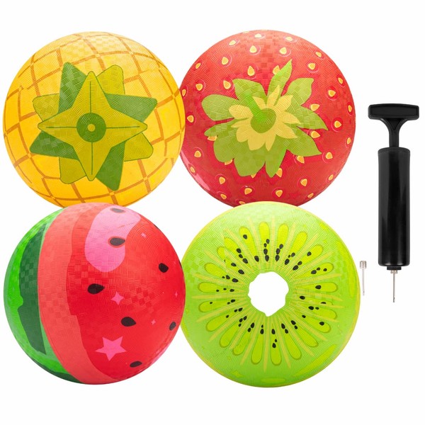 SCS Direct Gaga Fruit Themed Playground Balls (4pk) (8.5 inches) w Air Pump- Durable Rubber Pack for Recess Dodgeball, Kickball, Gagaball Play & School -Fun Kids Outdoor Summer Cam Toys & Gifts