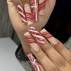 Christmas Press on Nails Extra Long Red Snowflake Fake Nails Full Cover Coffin False Nails White Red Stripe Exquisite Design Christmas Nails with Nail Glue for Women 24Pcs