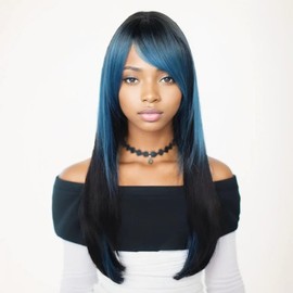 GNIMEGIL 26 inch Glamorous Two Tone Long Straight Wig Blue and Black Color Synthetic Fiber Gothic Cosplay Wig with Bangs