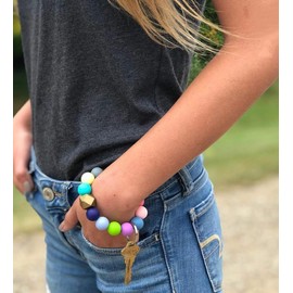 NVENF Silicone Bead Keychain Bracelet Large Keyring Elastic House Car Key Ring Wristlet Bangles(Rainbow)