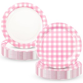 Houuqe 48pcs Pink Gingham Party Plates 7 Inch Checkered Plaid Dessert Plates Disposable Pink and White Paper Plate for Fall Picnic BBQ Birthday Summer Dinner Party Supplies
