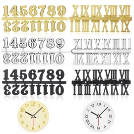 ueslwser 6 Piece DIY Clock Numerals Kit Including Arabic and Roman Number, Black, Gold and Silver Clock Numbers for Home Art Decoration, Digital Clock Replacement and Repair Parts