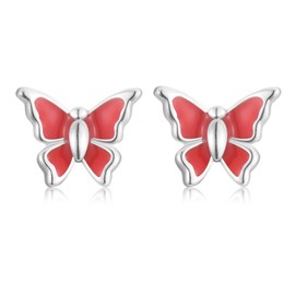 Earrings 925 Silver Stud Earrings for Women Girls Small Butterfly Red Earrings Hypoallergenic Stud Sleeper Stud for Women Jewellery, White Gold