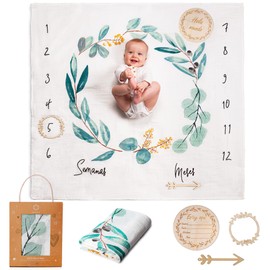ODOXIA Baby Milestone Blanket in Spanish | Cotton Muslin Cloth Baby | Swaddling Cloth | Monthly Blanket Baby Boy & Girl | Unisex | Leaves ES | Gift for Mothers | Blanket | Muslin Blanket Baby