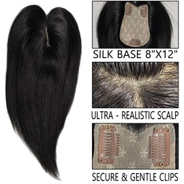 MYMYDA Hair Toppers for Women Real Human Hair 12 Inch Pieces with Clips for Thinning Hair, Natural Black, Silk Base 8"x12"