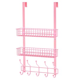 MILIJIA Coat Rack, Over The Door Hanger with Mesh Basket, Detachable Storage Shelf for Towels, Hats, Handbags, Coats (Pink-2 Layer)
