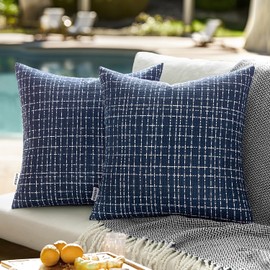 EMEMA Outdoor Waterproof Throw Pillow Covers Pack of 2 18x18 Inch Weaving Texture Outside Decorative Cushion Covers for Garden Patio Tent Balcony Bench Tent Couch Sofa Navy