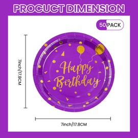 EVYIENEN 50 Pcs Happy Birthday Purple and Gold Paper Plates, 7 inch Metallic Foil Polka Dots Disposable Dessert Party Supplies for Graduation Wedding Holiday Christma Party Decorations