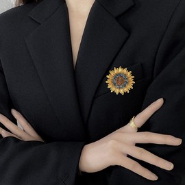 Yellow Flower Rhinestone Sunflower Brooch Enamel Crystal Plant Brooch Pin, Charm Sun Flower Coat Brooch for Women (E)