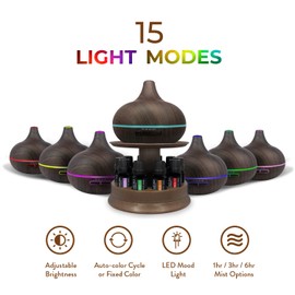 Ultimate Aromatherapy Diffuser & Essential Oil Set - Ultrasonic Diffuser & Top 10 Essential Oils - 300ml Diffuser w/ 4 Timer & 7 Ambient Light Settings - Therapeutic Essential Oils - Dark Oak w/Stand