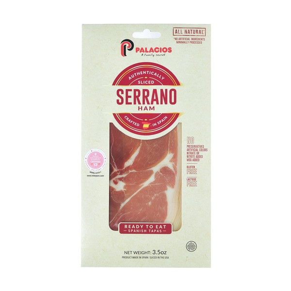 PALACIOS - Auténtico Jamón Serrano Español Lonchas. Carne Deli Natural, Curada en Seco en España, 3.5 Oz. (Paquete de 1)