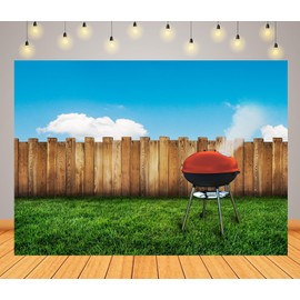 BELECO 5x3ft Fabric Barbecue Picnic Backdrop Backyard Garden with Grill BBQ, Green Lawn Wooden Fence Background Summertime BBQ Grill Party Decorations Picnic Photoshoot Studio Booth Props
