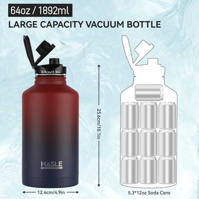 HASLE OUTFITTERS Half Gallon Insulated Water Bottles 64 oz, Stainless