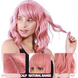 GIEEU Short Wave Pink Bob Wigs for Women - Heat Resistant Synthetic Short Bob Purple Pink Sissy Wig with Bangs Curly Wavy Shoulder Length Cosplay & Daily Fashion Hairpiece
