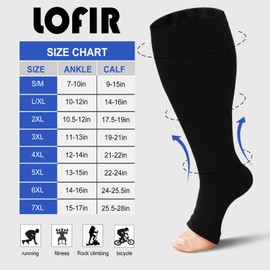 LOFIR Plus Size Compression Socks: Flight Socks for Women Large Calves Wide Calf Graduated Compression Socks for Men Open Toe Stockings for Support Travel Pregnancy Nurses 20-30 mmHg Black XXL 1Pair