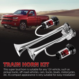 Air Horn for truck horn kit, ultra loud dB. The Air horn with two 120 PSI Air compressor is suitable for pickup/motorhome/SUV/truck/train 12V 150db and other vehicles (silvery)