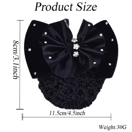 Professional Bowknot Decor Snood Net Hair Clip Rhinestone Satin Bow Barrette With Hair Net Hair Clip Bun Cover Hairnets Hair Accessories for Nurse Bank Worker Air Hostess(Black)
