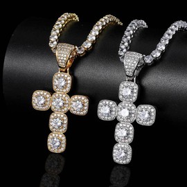 Square Sugar Cross Iced Pendant Necklace ,2 Pcs Set , ,HIP-HOP Style Cross Pendant + 24inch Necklace , - Color: Gold+24inch*3mm twist chain