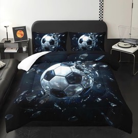 Black White Soccer Comforter 3Pcs Full Size Broken Ball Bedding Set