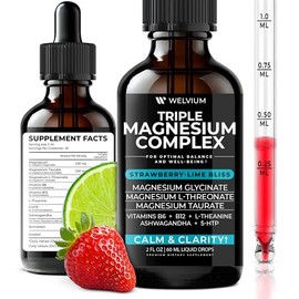 Triple Magnesium Complex Liquid Drops - Suplemento de glicinato de magnesio con L-treonato, taurato - Ashwagandha, L-teanina, 5-HTP, vitaminas B6, B12