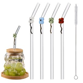 Decorative Glass Drinking Straws, 7.9 inch x 8mm, Set of 4, Flower Charms, Clear with Cleaning Brush
