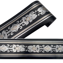 Yifasy Silver Damask Wallpaper Border Roll Black Wall Decor Paper Sheet Peel and Bathroom Stick Skirting Line Tiles PVC Sticker Waterproof