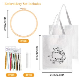 Canvas Bag Embroidery Set, 2 Pieces Canvas Tote Bag Embroidery Set with Pattern and Instructions, Embroidery Set for Canvas Bag, Embroidery Set Adults, Beginner Embroidery Set, Linen Carry Bag