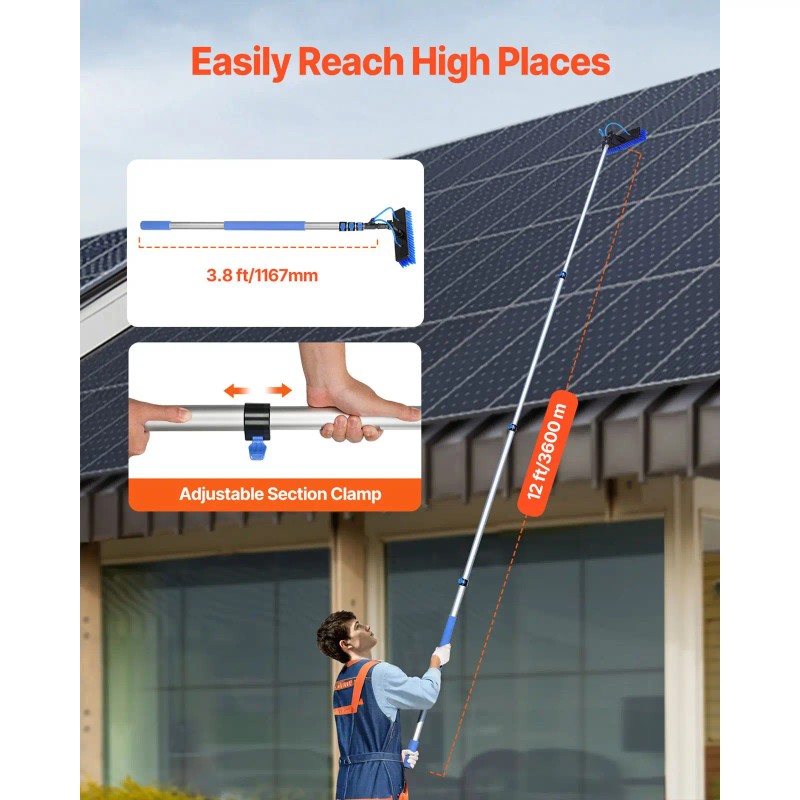 12FT Extendable Handle Solar Panel Cleaning Pole Kit 65.6FT Water