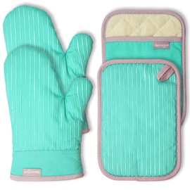 Coziselect Green Oven Mitts and Pot Holders, Hot Mitts and Pot Holders, 500 ℉ Heat Resistant Oven Mitts, 4 Piece Set