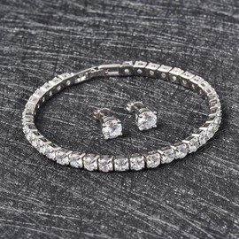 Shop LC Tennis Bracelet & Stud Earrings Set - Cubic Zirconia Jewelry Set for Women in Silvertone - 7" Bracelet Length Christmas Gifts for Women