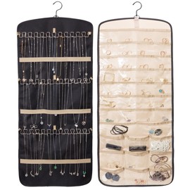 Boxy Concepts Necklace Holder - 2 Pack - Easy-Install 10.5"x1.5" Hanging Jewelry Organizer Wall Mount with 10 Hooks - Beautiful Jewelry Hanger for Necklaces, Bracelets and Earrings (Black)