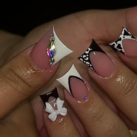 24Pcs Black White French Press on Nails Short Square WLGDLH Cow Pattern Fake Nails 3D Bow Rhinestones Design Nude False Nails Full Cover Glue on Nails Summer Stick on Nails for Women DIY