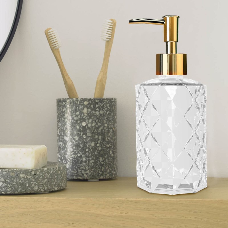 Clear Glass Soap Dispenser with Gold Plastic Pump, 2 Pack