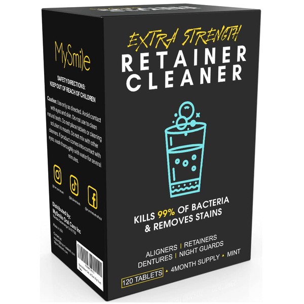 Mysmile Retainer Cleaner with 120 Denture Cleaning Tablets, Removes Plaque, Odors, Stains from Aligner, Invisalign, Mouth Guard, Night Guard