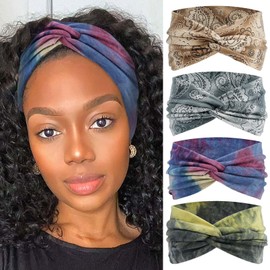 STGDAK Boho Bandana Headband For Women Wide Headbands Knotted Turban Head Wraps Cute Head Scarf Hairband Floral Fashion Hair Wrap Tie Dye Turban Bands Workout Bandana Hair Accessories For Women 4 Pack