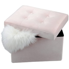 LINMAGCO Small Velvet Ottoman with Storage | Rectangle Ottoman Foot Rest Under Desk Stool for Room Folding Ottoman Furniture with Button turfted-Lightpink 16X12X12IN