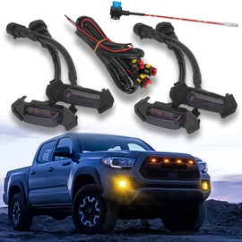 MAXHAWK LED Grill Light Kit Compatible with 2016-2023 Toyota Tacoma TRD PRO Grill ~ 4pcs Smoked Lens Amber LED Running Light ~ Fuse ~ Wiring Harness Splitter
