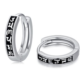 Black Men Earrings Silver Hoop Earrings, Men Sterling Silver Hoop Earrings Engraved Om Mani Padme Hum Mantra Words Hypoallergenic Earring for Sensitive Ears, Sterling Silver, No Gemstone …