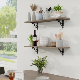 RICHFOCUS Floating Shelves for Wall Decor, 31.5W x 8D Shelves Set of 2, 8" Deep Rustic Wood Floating Shelves Wall Mounted with Metal Brackets, Shelves for Living Room Bedroom Kitchen, Grey