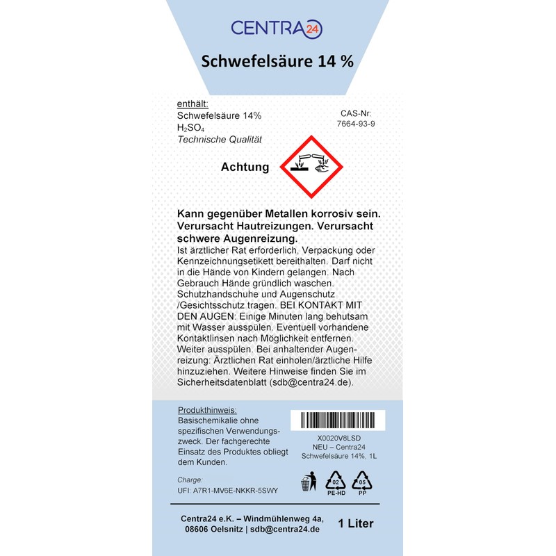 Centra24 Sulphuric Acid 14% 1 Litre Can Also Be Used